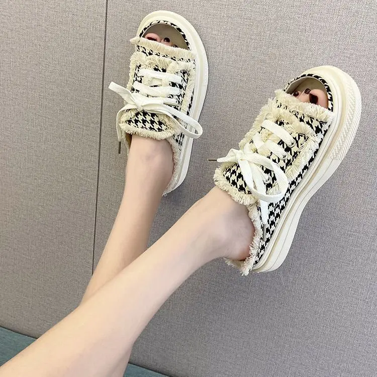 Fashion canvas women's slippers 2022 new summer outer wear fairy style thick bottom lace-up sandals
