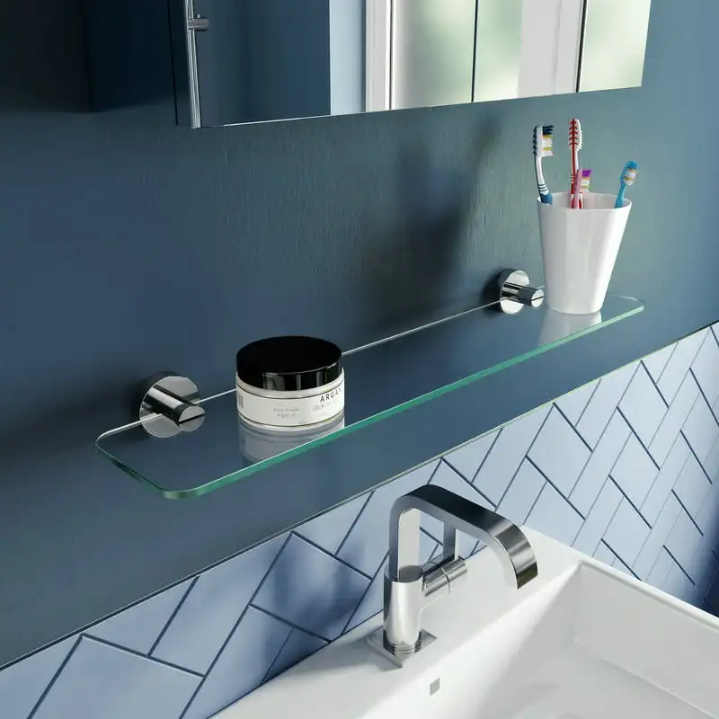 

-Fix 3.1 in. D x 4.9 in. H x 25.1 in. W Glass Bathroom Shelf in Chrome