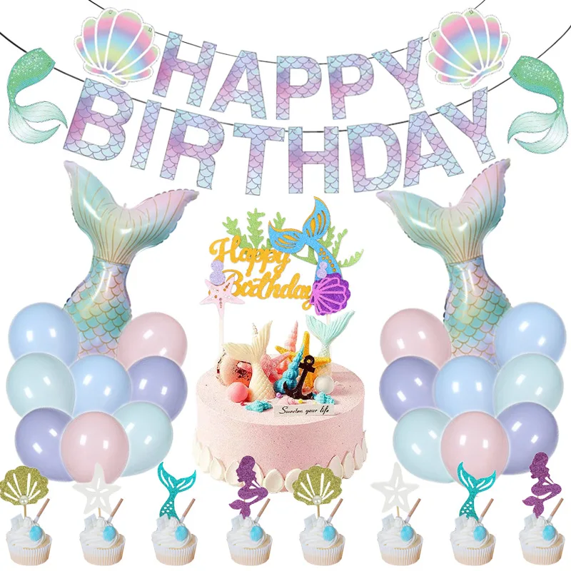 

28pcs Mermaid Theme Party Decoration Happy Birthday Banner Cake Topper Macaron Balloons Favor Girl Boy Baby Shower Decoration