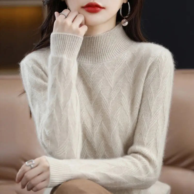 

Sweater Women Knitted Sweaters Pure Knit 2023 Winter Fashion Mock-Neck Top Autumn Warm Pullover Jumper Clothes Thickening Y06