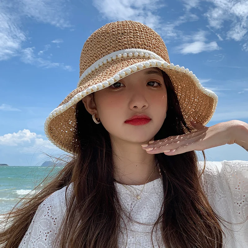 

Fashion Handmade Pearl Woven Hat Straw Hat Summer Sun Protection Outdoor Sports Fishing Beach Seaside Chapeau Biking Straw Hat