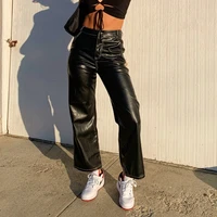 womens leather pants faux leather elastic waist cargo pants women streetwear vintage loose black straight trousers mujer