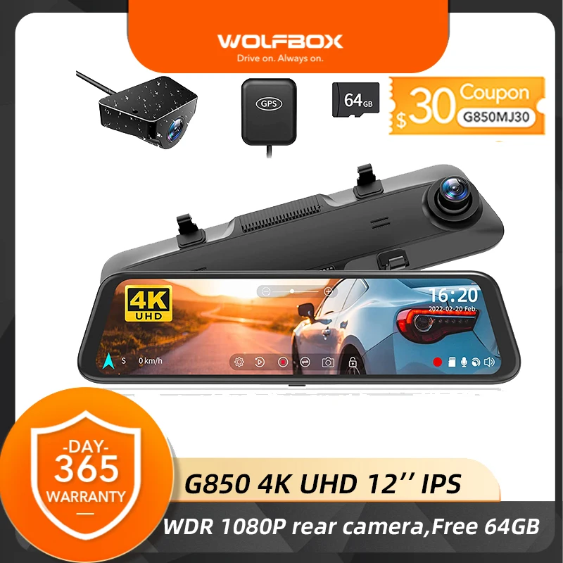 Wolfbox G850 4k Dash Cam Built-In Gps 170°Fov Car Dvr 24h Parking Monitor 1080p Rstream Media Rear View Mirror Camera WDR