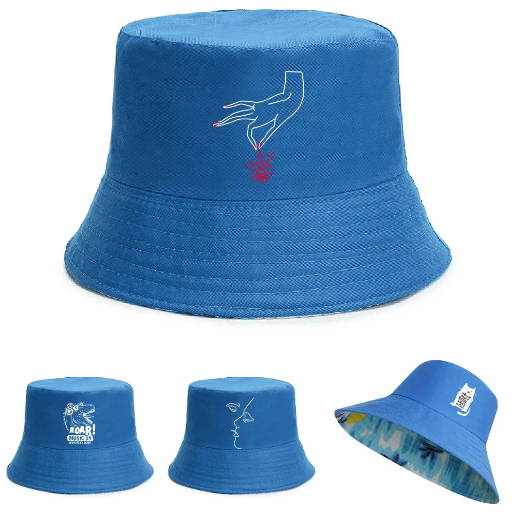 

White Picture Print Reversible Fisherman Caps Fashion Cotton Outdoor Bucket Hats Men Women Beach Fishing Hat Girl Boy Panama Hat