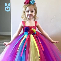 new girls rainbow unicorn flower tutu dress kids crochet tulle ribbon dress ball gown with hairbow children party costume dresse