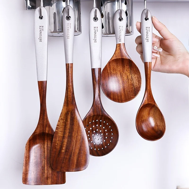 

7pcs/set Teak Natural Wood Tableware Spoon Ladle Turner Rice Colander Soup Skimmer Cooking Spoon Scoop Kitchen Reusable Tool Kit