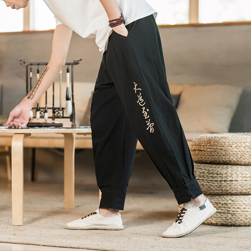 Autumn Cotton Men’s Trousers Loose Wide Leg Harem Pants Men Embroidery Harajuku Style Casual Pants Male Large Size Jogging Pants