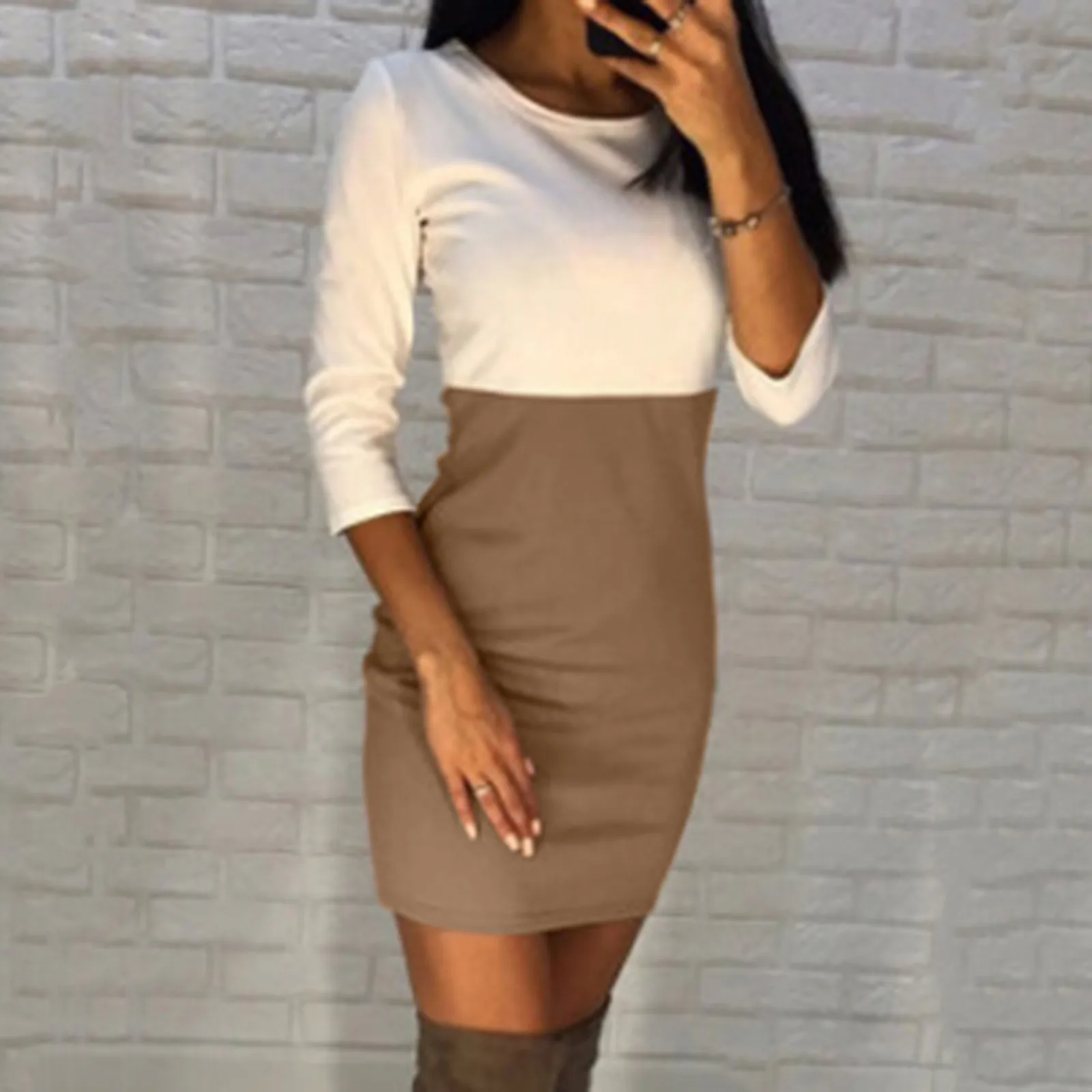 

Womens Round Neck Long Sleeve Dress Fashion Colorblock Mid Length Slim Fit Casual Dress Wine Dress Sexy