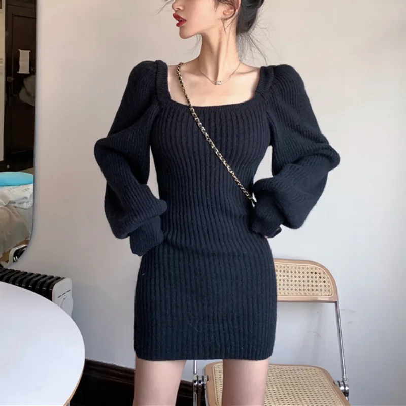 Spicy Girl Wearing Women's Square Neck Sweater Dress Autumn Winter New Pure Desire Wind Bag Hip Skirt Short