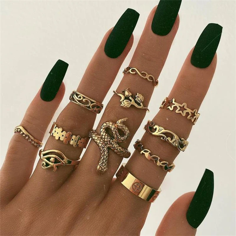 

Punk Snake Ring Set Heart Flower Wrapped Jewelry Gifts To Friends Bohemian Style Accessories Wholesale Fashion Retro