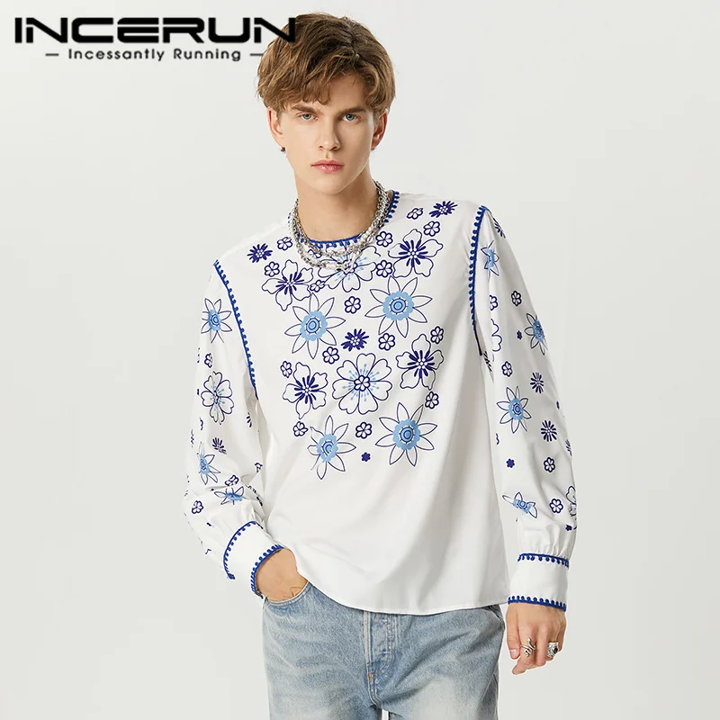 

Красивые мужские модные рубашки в американском стиле с цветочным принтом, Повседневная Лоскутная полосатая блузка с длинным рукавом, S-5XL INCERUN, топы 2023