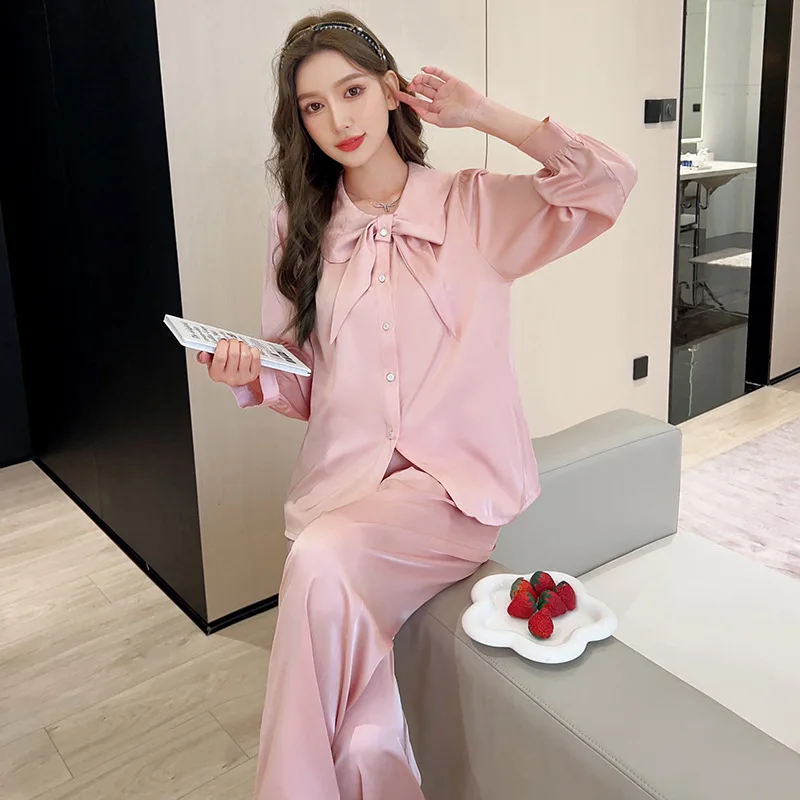 2023 Spring and Autumn New Women's Ice Silk Pajamas Solid Color Bow Long Sleeve Trousers Suit Homewear