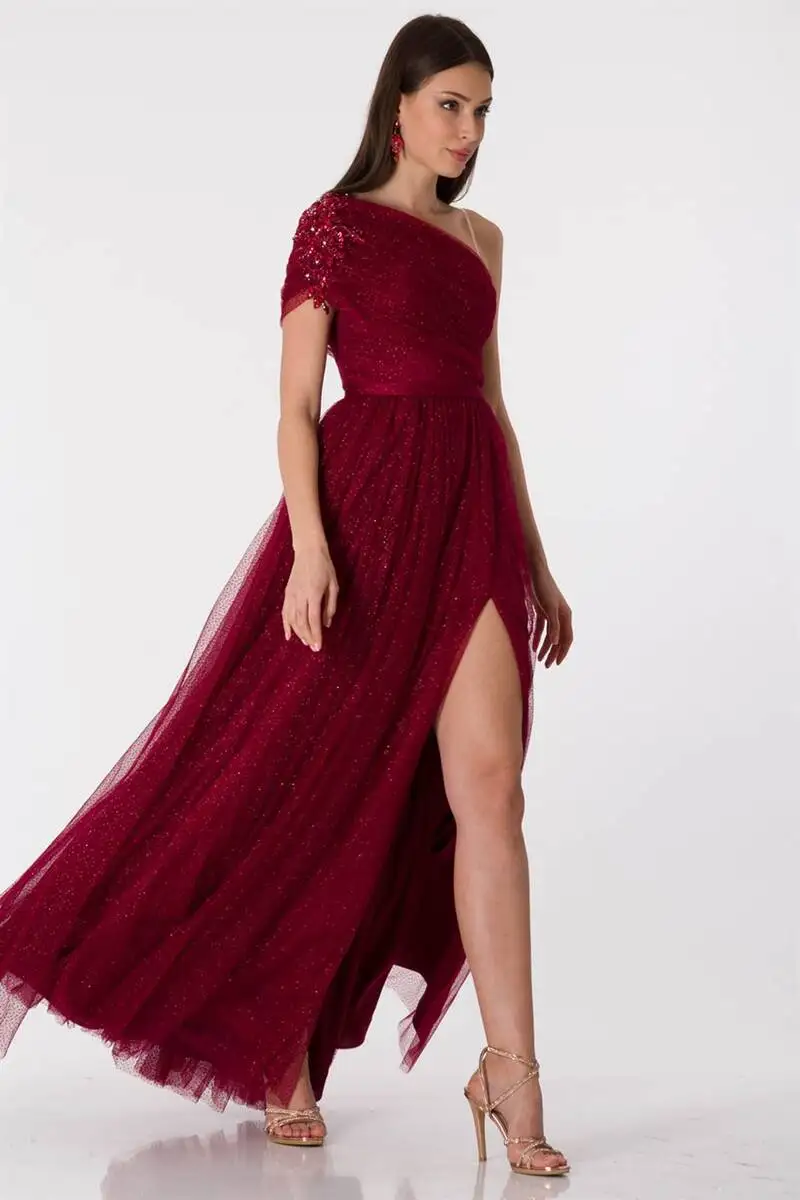 

Women's One Shoulder Tulle Evening Dress Burgundy
