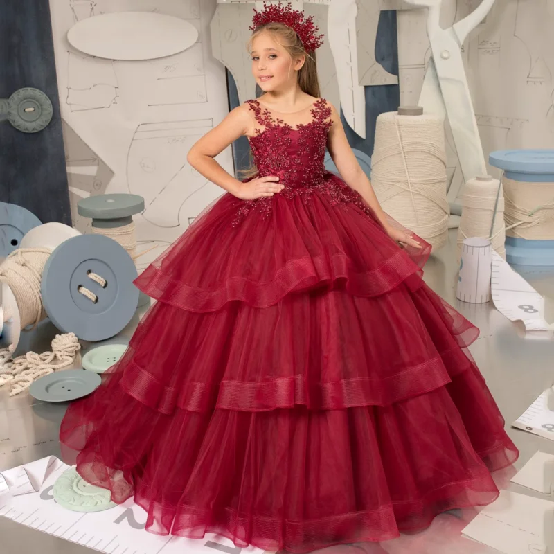 Бордовые платья для девочек-цветочниц по индивидуальному заказу тюлевое пышное