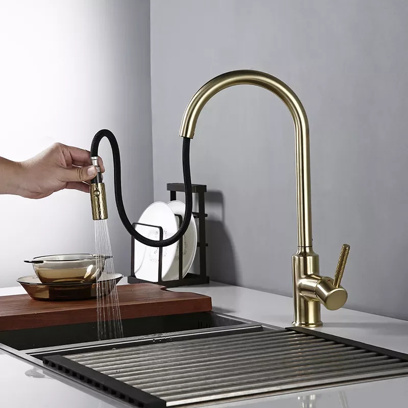 

Brushed Gold Brass Kitchen Faucet NEW Premium Gooseneck Pull Out Kitchen Faucet Sink Mixer Tap Solid Brass Construction