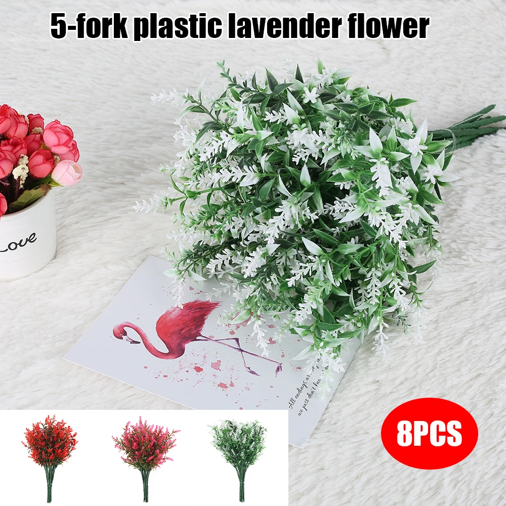 

8Pcs/bunch Artificial Flowers Fake Lavender Flowers UV Resistant Shrubs Plants No Fade Faux Plastic Greenery for Home Decoration