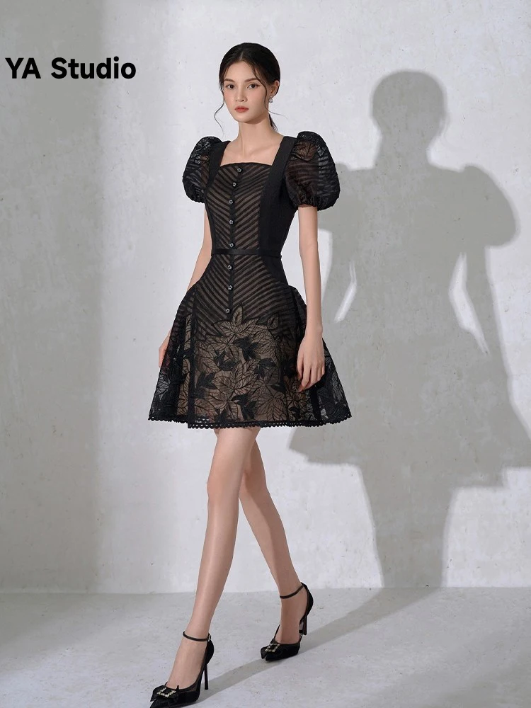 

[YA Studio] Heavy Embroidery Bubble Sleeve Dress Designer New Pressed Pleated Mesh Black Puff 2023 Summer Fashion