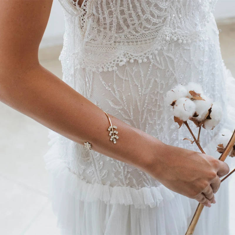 

Stonefans Delicate Leaf Bridal Arm Bracelet Wedding Accessories Arm Cuff Party Jewelry Metal Armband Open Bangle For Women Charm