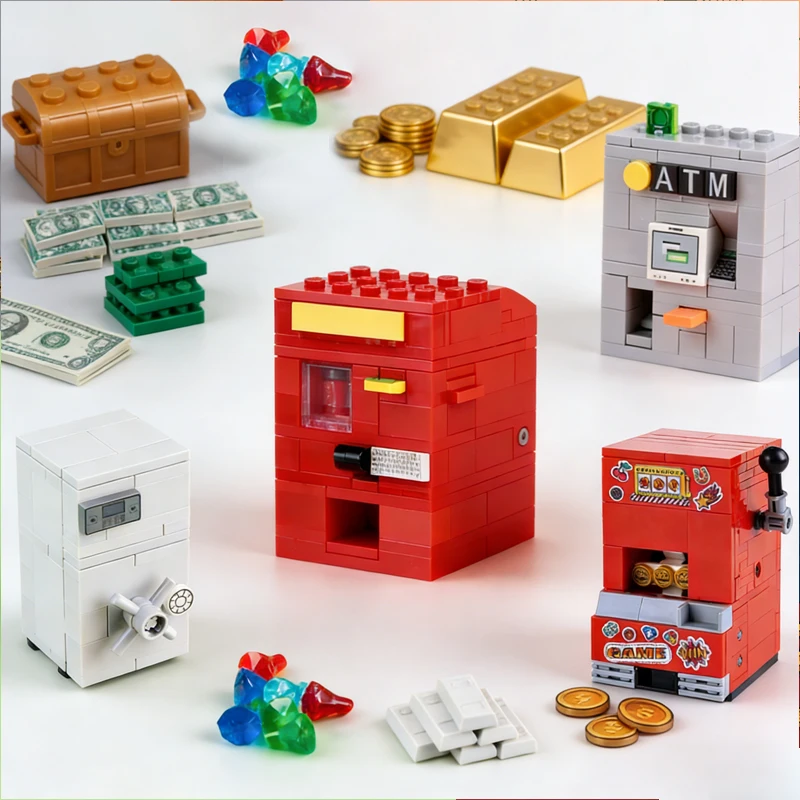 Фото Конструктор MOC: Игровые автоматы, сейфы, фигурки, аксессуары, золотые яйца, руда, алмазы, банковские карты, ключи, рождественские кирпичики, игрушки №2