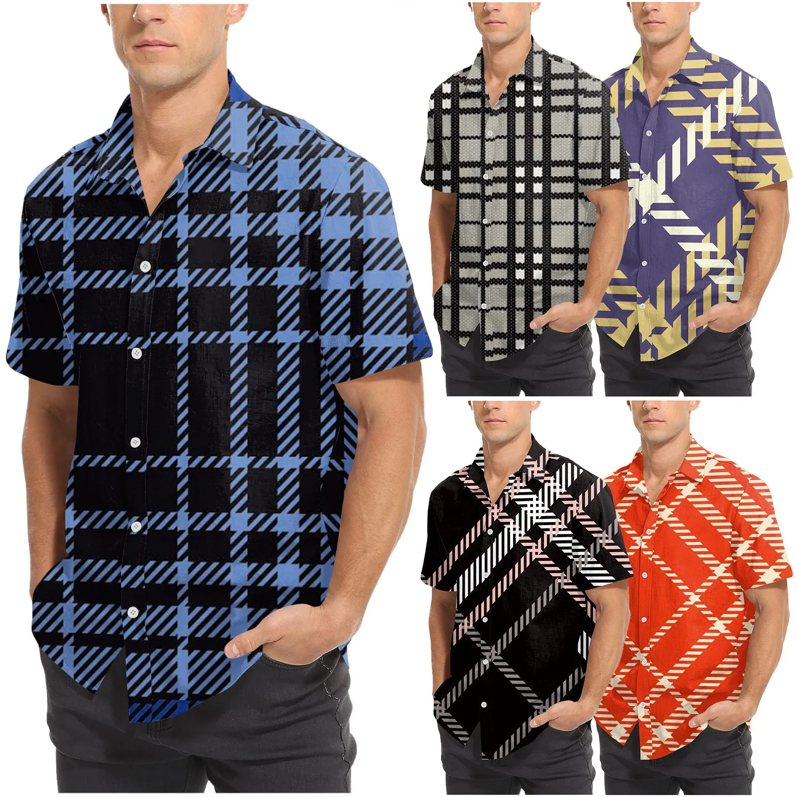 

Мужская Облегающая рубашка из эластичного поплина, рубашка в клетку с короткими рукавами, дышащая быстросохнущая мужская рубашка