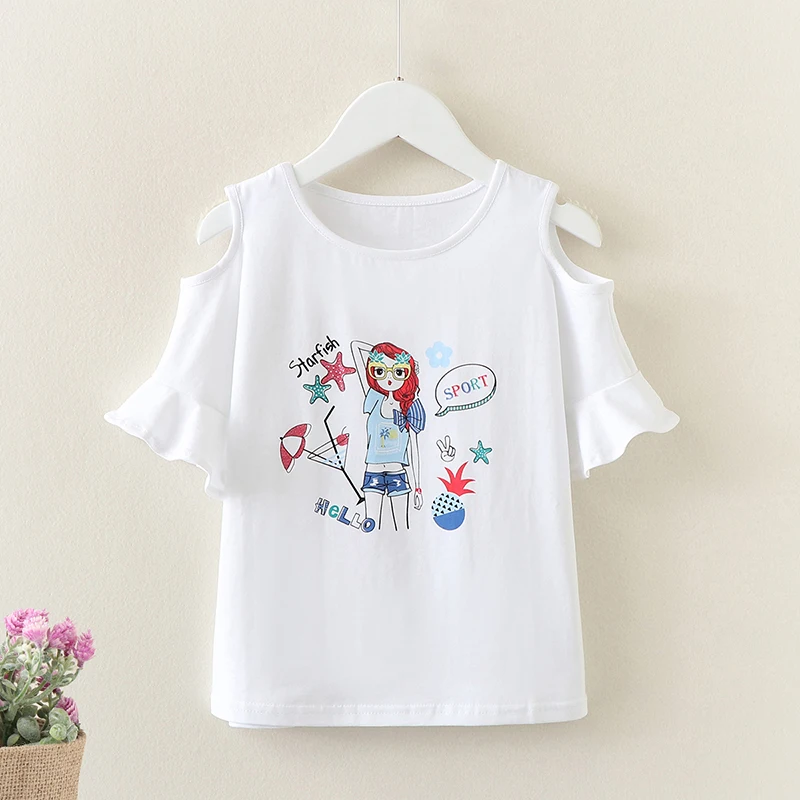 

Футболки с открытыми плечами для девочек; Новинка 2022 года; Детские летние футболки; Повседневные хлопковые топы с короткими рукавами и круглым вырезом