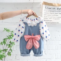 baby clothes 2022 autumn new sweet baby girls doll collar dot shirt big bow overalls sets for children casual outfits 1 4 years