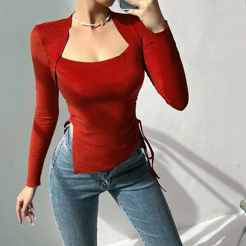 

Футболка женская осенняя Новинка модный плиссированный топ с разрезом Женская Сексуальная облегающая футболка с длинным рукавом