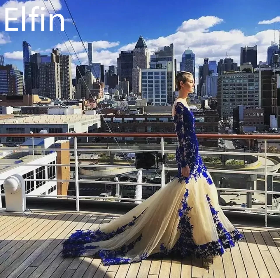 

Elfin Mermaid Elegant Evening Gowns Prom Party High Neck Long Sleeves Lace Formal Occasion Dresses فساتين مناسبة رسمية YF199