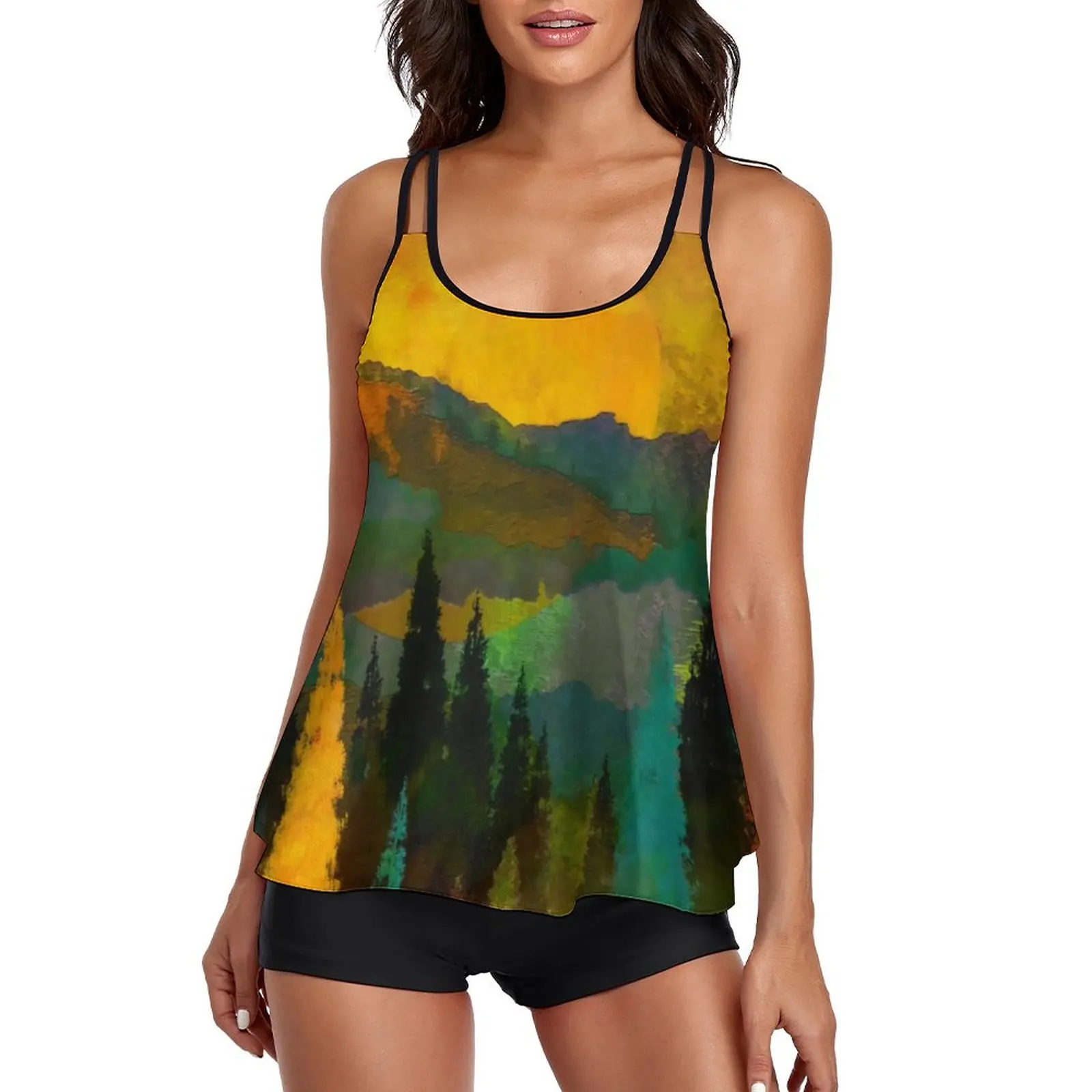 

Trees And Mountains Swimsuit Abstract Print Tankini Swimwear Two Piece Set Bathing Suits Woman Sexy Surfing Color Beach Outfits
