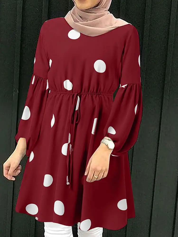 

ZANZEA Elagant Casual Dubai Marocain Turkish Tops Women Polka Dots Printed Muslim Blouse Lace-Up Puff Sleeve Islamic Clothing