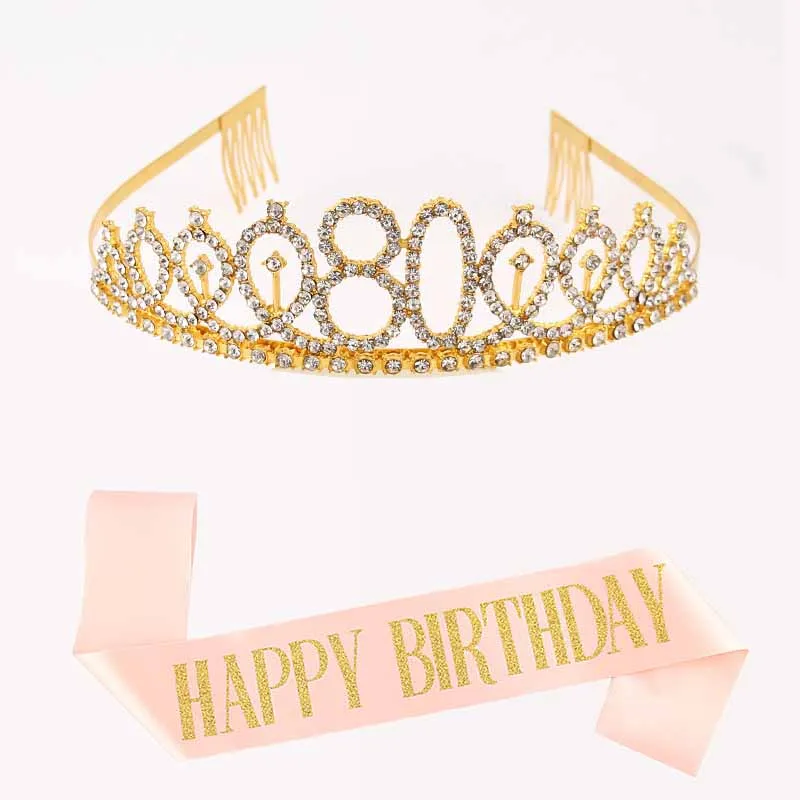 

Pink Happy Birthday Sash and gold Rhinestone CrownTiara for Women, Princess Birthday Headband for 80th Party Accessories