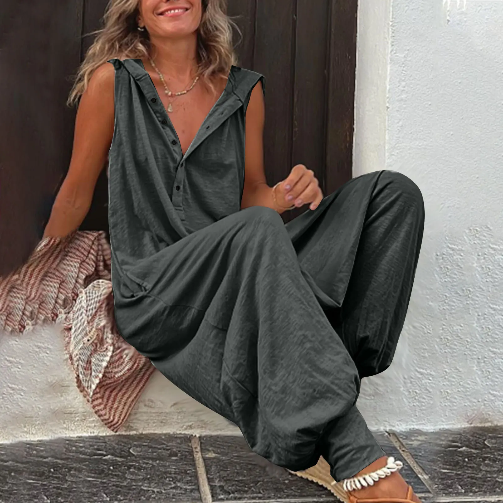Vintage Button Jumpsuit Summer Women Causal Beach Cross-pants Playsuit Fashion Loose Solid Sleeveless Hooded Romper Streetwear