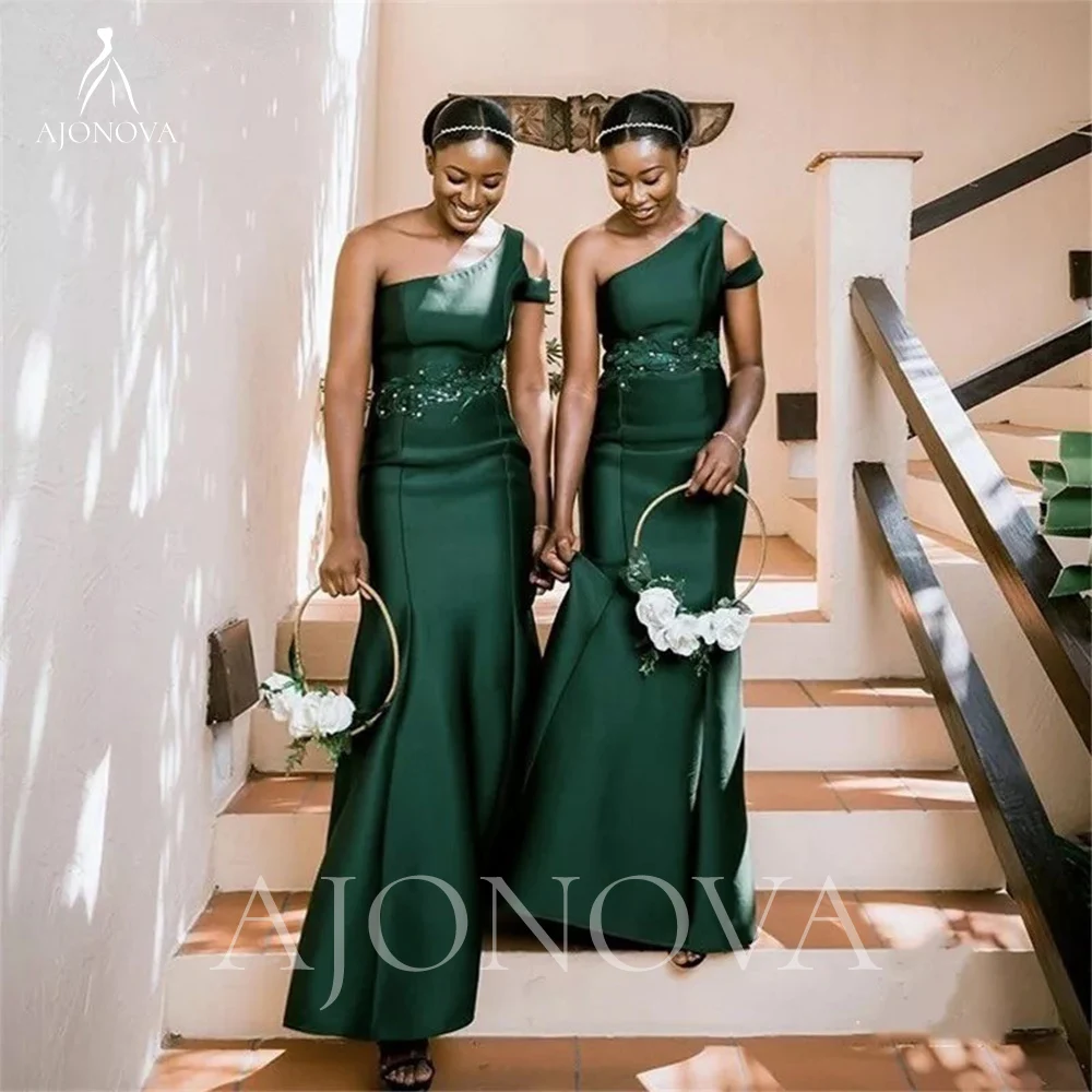 Emerald Green Satin Bridesmaid Dresses for Bridesmaids Dress One Shoulder Appliques Guest Wedding Dresses Robe Elegant Gowns