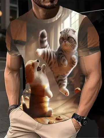 Мужская повседневная футболка с коротким рукавом и 3D-принтом животных — очаровательный дизайн кота и собаки, легкий полиэстер с круглым вырезом
