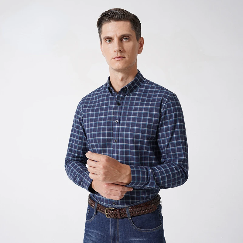 

Men Business Shirt 100% Cotton Brushed Plaid Business Slim Casual Shirt Fashion Thick Oxford Button-down Long Sleeve Top Spring