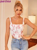 parthea pink floral crop tops boned zipper back two layer chic backless bodycon corset top fashion bustier sexy sweet tops women