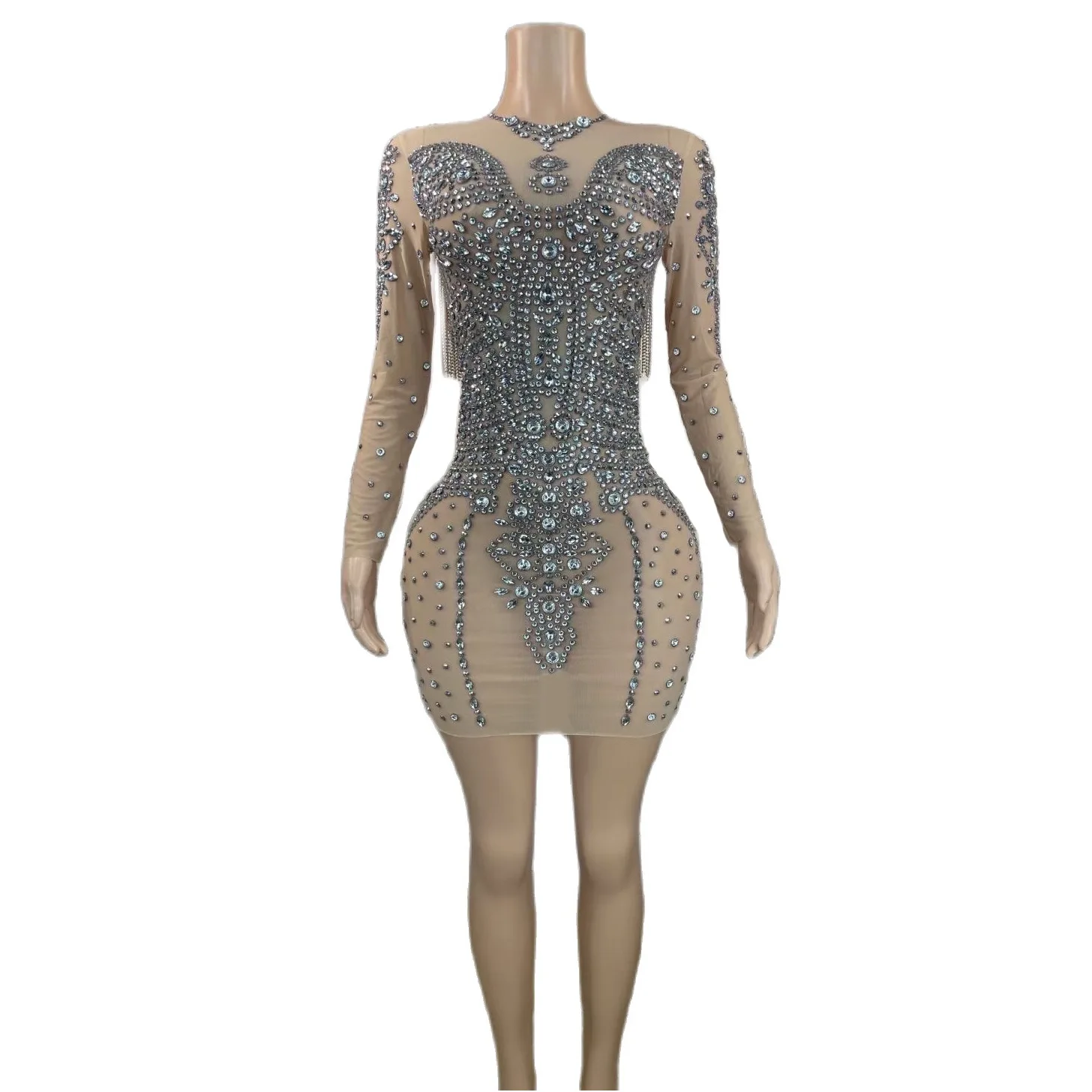 

Nude Long Sleeves Shining Rhinestones Sexy Sheath Dress For Women Nightclub Party Clothing Singer Stage Costumes Prom Wears