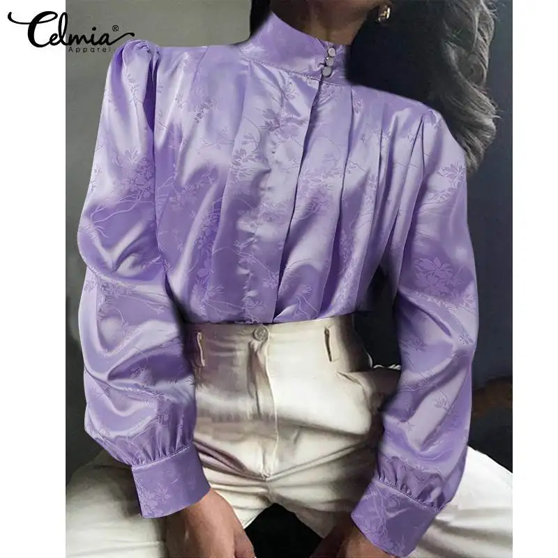 

Celmia Women Jacquard Satin Tops 2022 Fashion High Collar Elegant Tunics Casual Puff Sleeve Y2K OL Shirt Spring Pleated Blouses