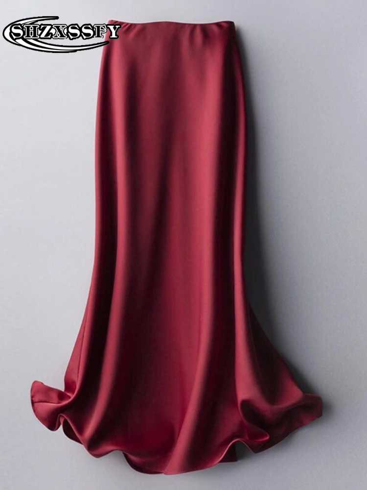 Юбка женская шелковая атласная средней длины элегантная офисная однотонная