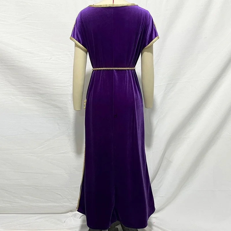 Gorgeous Kaftan Party Dresses Women Velvet One Side Slit Moroccan Muslim Evening Caftan with Belt Gulf Jalabiya Dubai  Abaya