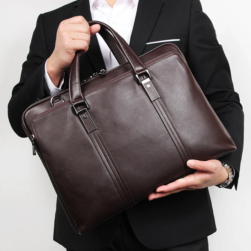 Luxury Genuine Leather Briefcase Men Business bag Leather Laptop Bag 15.4inch Office Bag Document Case male portfolio Black M270