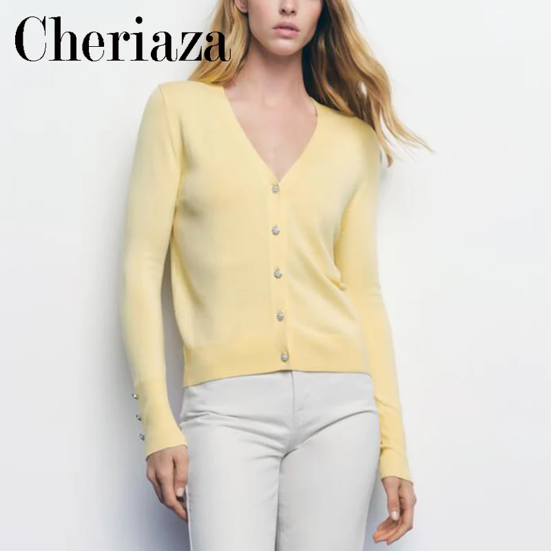 

2022Spring Autumn New Women Yellow V neck Knit Sweater Cardigan Casual And Sweet Long sleeves Single-breasted Tops Female