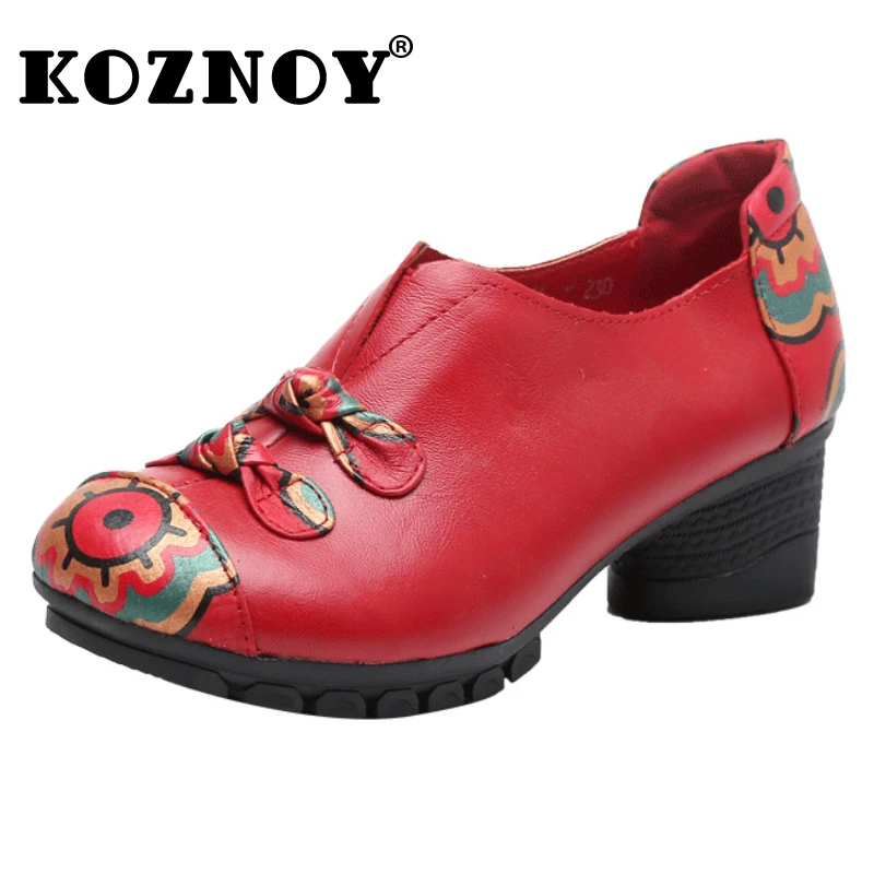 

Koznoy 5cm Retro Sewing Genuine Leather Ethnic Style Spring Autumn Mom Women Elegant Butterfly Knot Chunky HighHeel Print Shoes