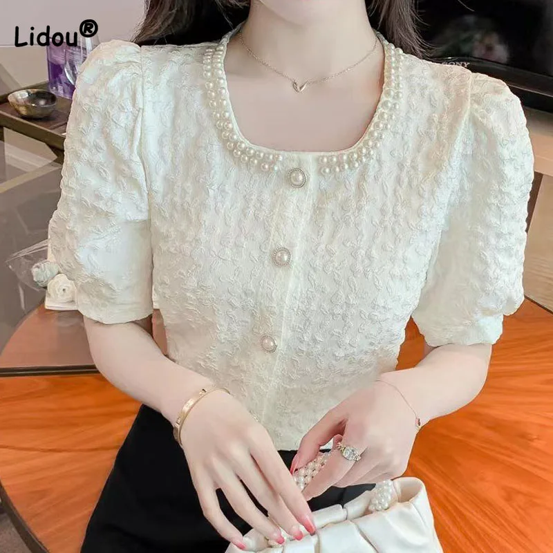 

Женская блузка с круглым вырезом, однотонная универсальная рубашка с коротким рукавом, украшенная бусинами, в Корейском стиле, на лето