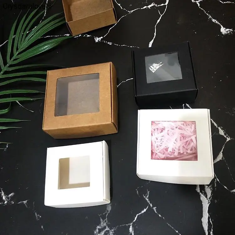 

50Pcs/set Kraft Paper Candy Box Transparent PVC Window Soap Boxes Jewelry Gift Packaging Box Wedding Party Birthday Favors