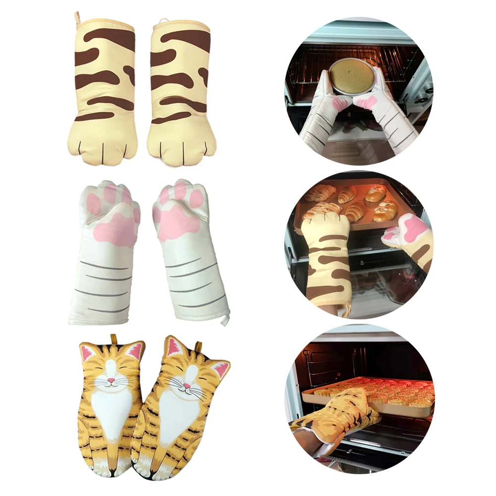 

Kitchen Anti-hot Glove Cute Cat Claw Baking Oven Gloves Microwave Heat Resistant Insulation Non-slip Cat Paws Oven Mitts Long