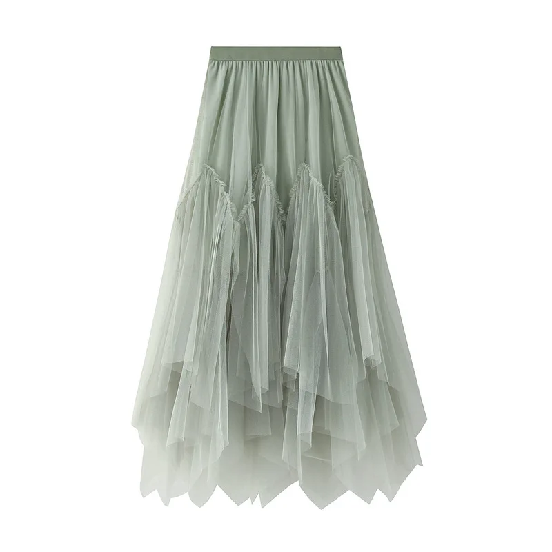Women irregular Long Tulle Skirts Ladies High Waist Ankle-Length Tutu Maxi Skirts Beige Green Female Faldas Jupe Femme