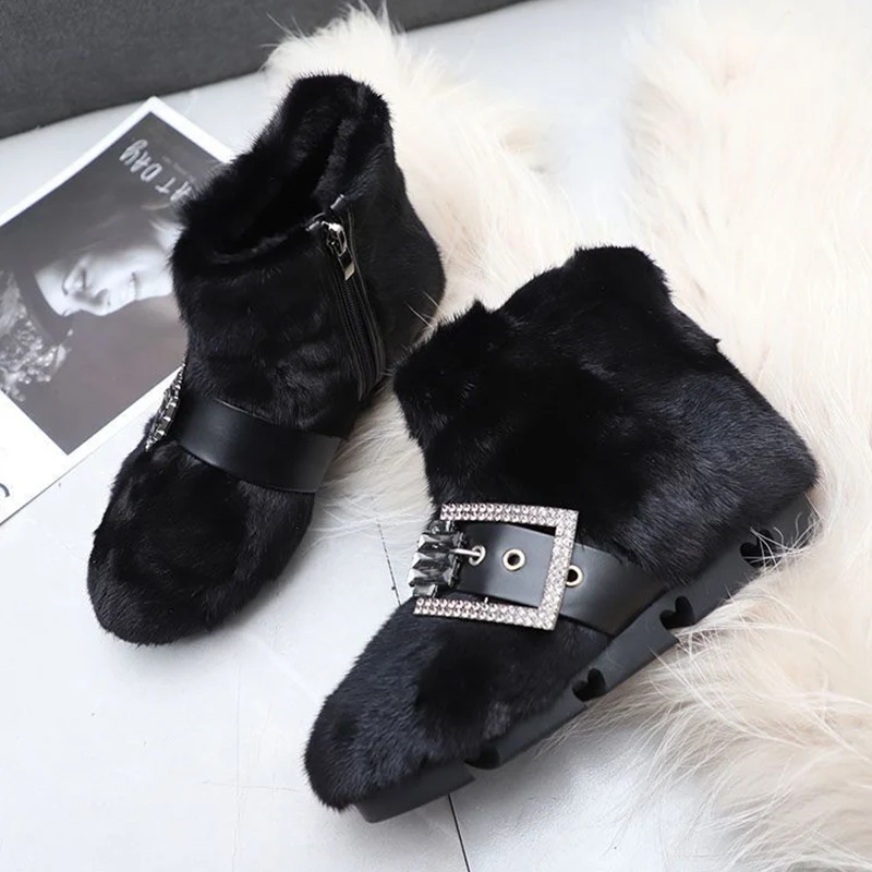 Женские зимние ботильоны на меху плоской подошве модные короткие плюшевые