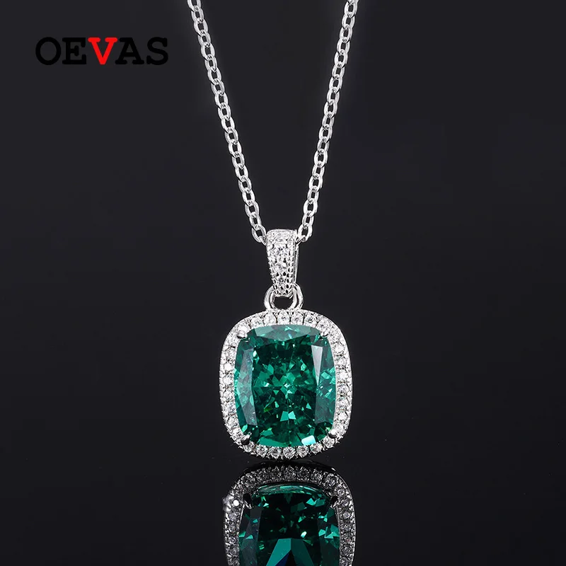 

OEVAS 100% 925 Sterling Silver 10*12mm Aquamarine Emerald High Carbon Diamond Pendant Necklace For Women Sparkling Fine Jewelry