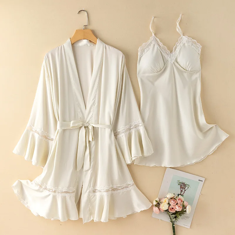 

Sexy Robe Set Satin Nightwear Womens V-Neck Lace Bathrobe Gown Suit Home Dress Kimono Sleepwear Nightgown Sleepshirt Lingerie